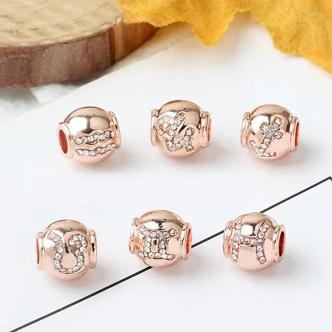 Rose Gold Alloy Zodiac Charms Beads With White Rhinestones DIY Large Hole Beads For Bracelet Necklace Women Jewelry