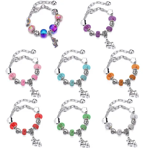 Unicorn Charm Bracelet DIY Rainbow Beaded Snake Bone Chain Adjustable Heart Star Pendant Jewelry Gift For Girls Women