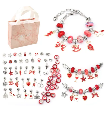 Kids DIY Bracelet Making Kit With Red Crystal Beads Alloy Charms Unicorn Heart Pendant For Girls Jewelry Gift Box