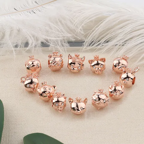 Rose Gold Alloy Zodiac Animal Charms With Crown Rhinestone Eyes Cartoon DIY Beads For Bracelet Making Women Jewelry