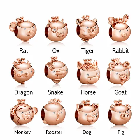 Rose Gold Alloy Zodiac Animal Charms With Crown Rhinestone Eyes Cartoon DIY Beads For Bracelet Making Women Jewelry