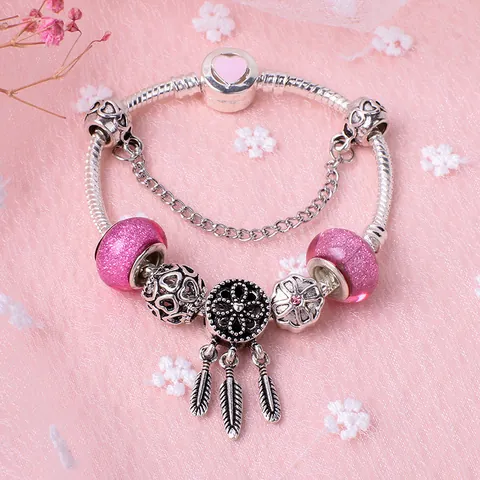 Pink Glass Beads Heart Charm Bracelet Silver Plated Alloy Dreamcatcher Pendant Snake Chain Fashion Jewelry For Women Gift