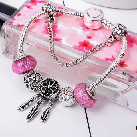 Pink Glass Beads Heart Charm Bracelet Silver Plated Alloy Dreamcatcher Pendant Snake Chain Fashion Jewelry For Women Gift