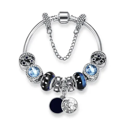 Romantic Blue Starry Sky Beaded Bracelet Silver Plated Alloy Snake Chain Bracelet With Star Moon Charms Zirconia Jewelry Gift Women