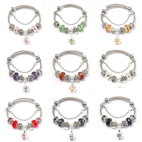DIY Charm Bracelet Alloy Crown Pendant Stainless Steel Mesh Bangle Crystal Glass Beads Fashion Jewelry Gift For Women