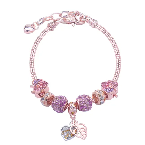 Roségold Charm Armband Rosa Lila Kristall Herz Hohl Blatt Anhänger Schlangenkette Für Damen Schmuck Geschenk