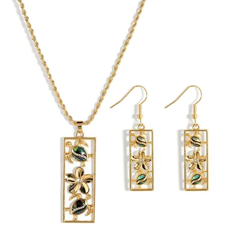 Collier Et Boucles d'Oreilles Tropiques Hawaïens Tortue de Mer Frangipanier Coquille Rectangle Creux Bijoux Femme