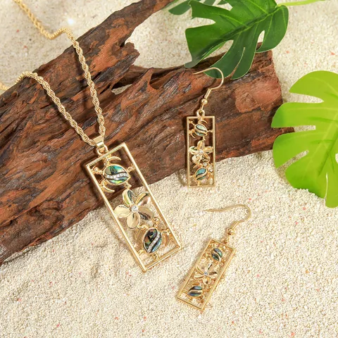 Collier Et Boucles d'Oreilles Tropiques Hawaïens Tortue de Mer Frangipanier Coquille Rectangle Creux Bijoux Femme