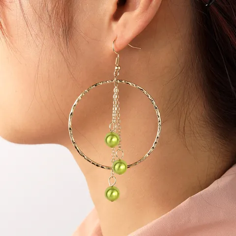 Bohemian Hammered Alloy Large Circle Drop Earrings With Imitation Artificial Pearl Tassel Fringe For Women Beach Vacation Fashion Jewelry