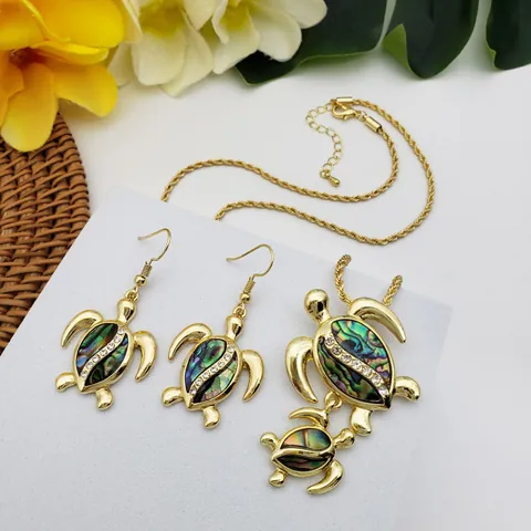 Hawaïaanse Zeeschildpad Sieradenset Abalone Schelp Koper Strass Ketting En Oorbellen Voor Dames Zomer Strand Vakantie Cadeau
