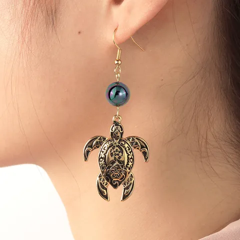Retro Gold Plated Sea Turtle Drop Earrings With Shell Artificial Pearl Bead For Women Boho Seaside Vacation Hollow Out Animal Jewelry