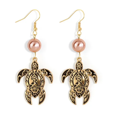 Retro Gold Plated Sea Turtle Drop Earrings With Shell Artificial Pearl Bead For Women Boho Seaside Vacation Hollow Out Animal Jewelry