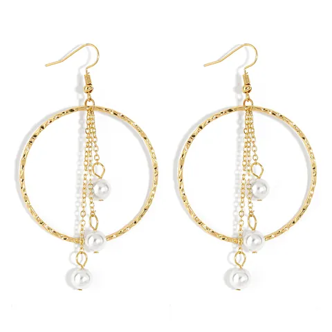Bohemian Hammered Alloy Large Circle Drop Earrings With Imitation Artificial Pearl Tassel Fringe For Women Beach Vacation Fashion Jewelry