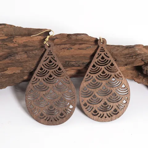 Böhmische Tränenform Holz Ausgehöhlt Ohrhänger Für Damen Einfache Mode Geometrische Wellenmuster Holz Ohrringe Schmuck