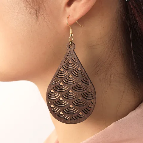 Böhmische Tränenform Holz Ausgehöhlt Ohrhänger Für Damen Einfache Mode Geometrische Wellenmuster Holz Ohrringe Schmuck