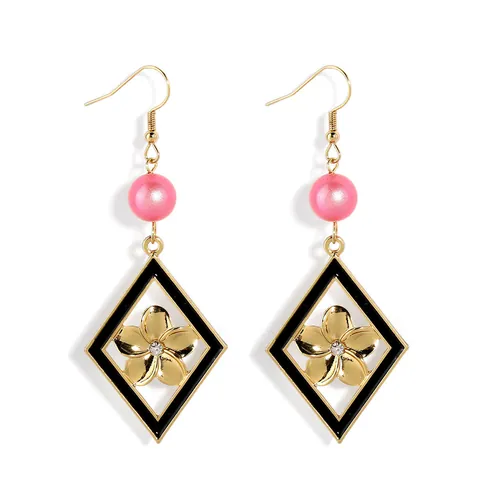 Boucles d'Oreilles Pendantes Vintage Fleur en Coquillage Hawaïen Pour Femmes Alliage Plaqué Or Émail Noir Losange