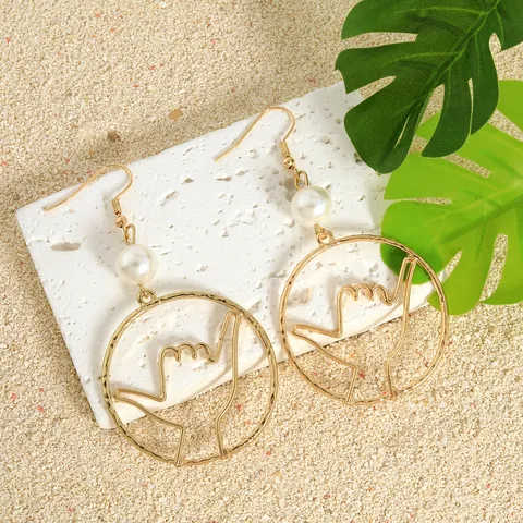 Hawaiian Shaka Hand Sign Drop Earrings Gold Plated Alloy Hollow Circle Earrings With Faux Pearl Beach Vacation Jewelry For Women