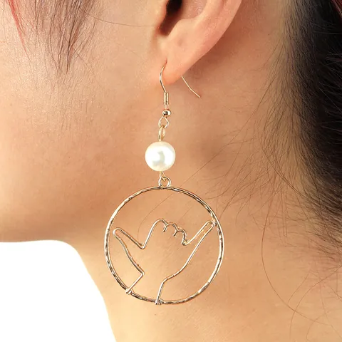 Hawaiian Shaka Hand Sign Drop Earrings Gold Plated Alloy Hollow Circle Earrings With Faux Pearl Beach Vacation Jewelry For Women