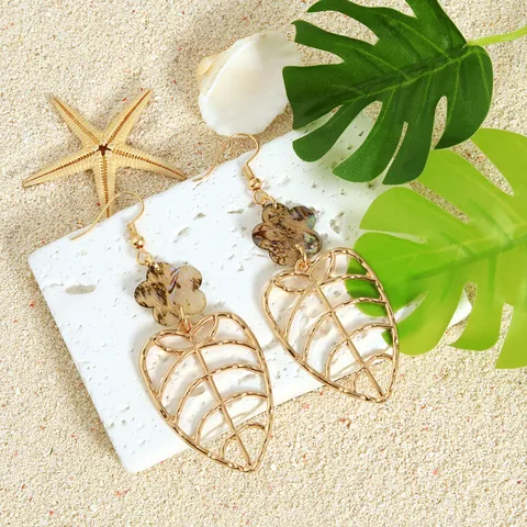 Hawaiiaanse Tropische Legering Hol Blad Oorhanger Met Parelmoer Bloem Voor Dames Strand Feest Sieraden Cadeau
