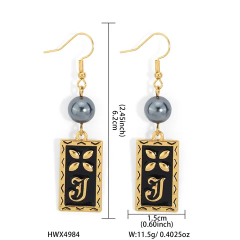 Boucles d'Oreilles Pendantes Vintage en Alliage Künstliche Perle Pendentif Rectangulaire Émail Noir Lettre J Bijoux Pour Femmes