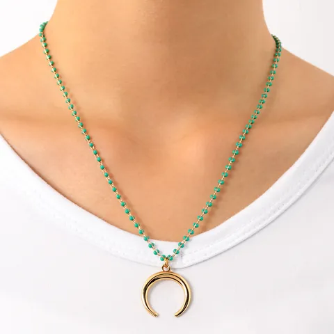 Collana Lunga Vintage in Lega Placcata Oro con Perline Verdi e Ciondolo a Mezzaluna Corno per Donna Gioielli Stile Boho
