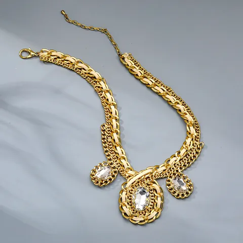 Gold Plated Copper Chunky Chain Layered Necklace With Zirconia Crystal Oval Square Pendant Luxury Bohemian Statement Jewelry For Women