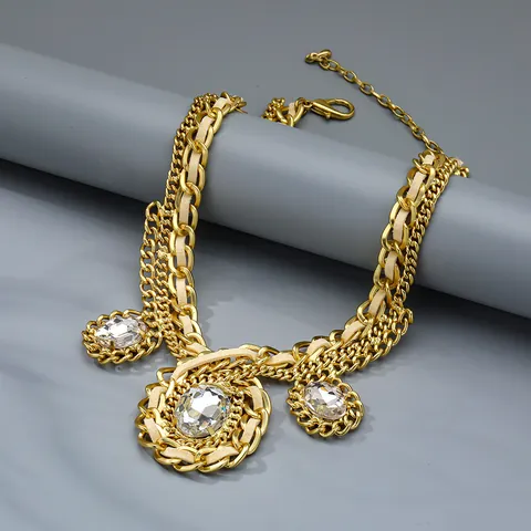 Gold Plated Copper Chunky Chain Layered Necklace With Zirconia Crystal Oval Square Pendant Luxury Bohemian Statement Jewelry For Women