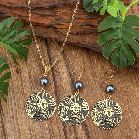 Conjunto de Joyas Collar Y Pendientes de Aleación Esmalte Flor de Hibisco Hawaiano Tropical Hoja de Monstera Mujer