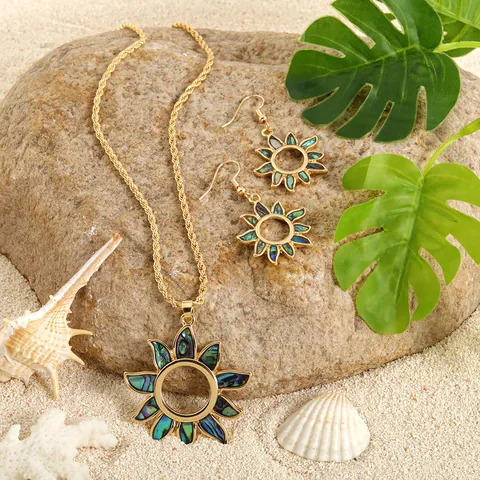 Abalone Shell Inlay Gold Plated Alloy Jewelry Necklace Earrings For Women Beach Vacation Bohemian Sunflower Dolphin Palm Tree Jewelry