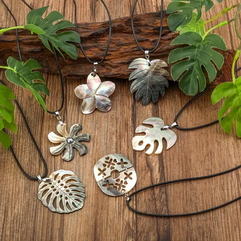 Hawaiian Style Natural Shell Pendant Necklace For Women Men Black Cord Turtle Flower Leaf Ethnic Island Beach Jewelry