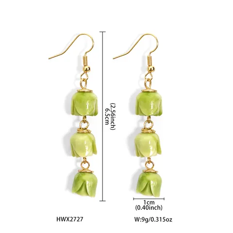 Handmade Resin Tulip Flower Bud Dangle Earrings Vintage Hawaiian Style Triple Floral Drop Earrings Gold Plated Alloy Hook Jewelry For Women