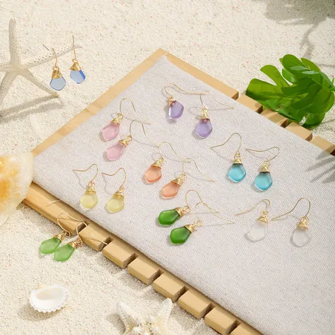 Handmade Wire Wrapped Teardrop Earrings For Women Frosted Sea Glass Bohemian Beach Style Gold Color Dangle Jewelry
