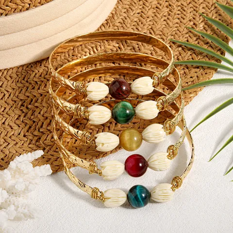 Bohemian Gold Plated Copper Bangle With Tiger Eye Natural Stone Resin Jasmine Flower Engraved Vintage Hawaiian Island Style Women Jewelry