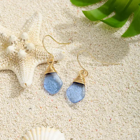Handmade Wire Wrapped Teardrop Earrings For Women Frosted Sea Glass Bohemian Beach Style Gold Color Dangle Jewelry