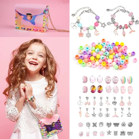 Kinder DIY Schmuckherstellung Set Legierung Acrylperlen Einhorn Anhänger Harz Charms Umhängetasche Und Geschenkbox Mädchen Schmuck