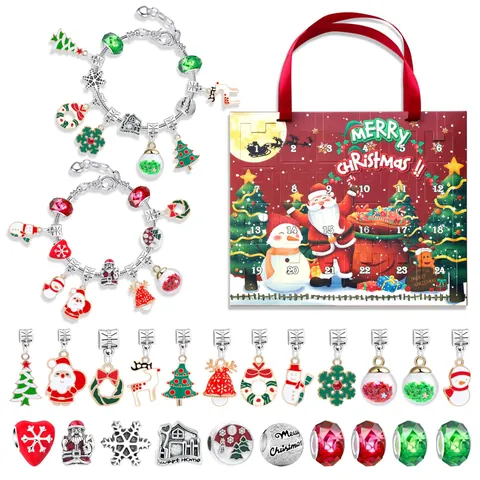 Christmas Advent Calendar 24 Days Blind Box DIY Bracelet Set For Kids Alloy Xmas Charms Beads Jewelry Festive Gift Set