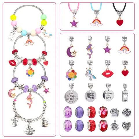 Kit de Fabricación de Joyas DIY para Niños Cuentas de Arcilla Polimérica Cuentas de Letras Colgantes de Unicornio Arcoíris Con Caja Organizadora Juego de Pulsera y Collar Regalo