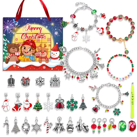 Calendrier de l'Avent de Noël 2024 Kit de Fabrication de Bracelets DIY pour Filles Breloques en Alliage Perles Ensemble de Bijoux Cadeau Compte à Rebours 24 Jours