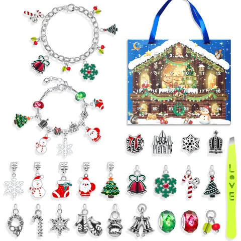 Calendrier de l'Avent de Noël Kit de Fabrication de Bracelets DIY pour Filles Boîte Aveugle Compte à Rebours Ensemble Cadeau Bijoux avec Breloques en Alliage Perles