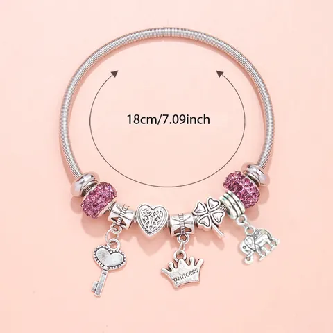 DIY Charm Bracelet For Women Alloy Beaded Hand Chain With Heart Crown Elephant Clover Pendant Rhinestone Jewelry Gift Accessory
