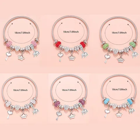 DIY Charm Bracelet For Women Alloy Beaded Hand Chain With Heart Crown Elephant Clover Pendant Rhinestone Jewelry Gift Accessory