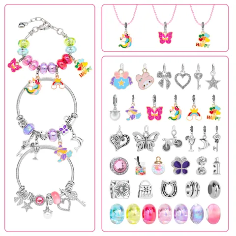 Kit de Fabrication de Bijoux DIY pour Enfants Avec Perles en Pâte Polymère Pendentifs en Alliage Licorne Arc-en-ciel Bracelet