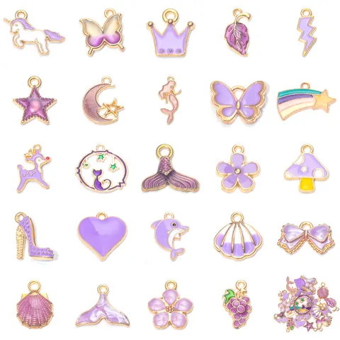 Purple Alloy Drip Oil Pendants For DIY Jewelry Making Cute Cartoon Bow Moon Star Heart Unicorn Shell Animal Flower Charms