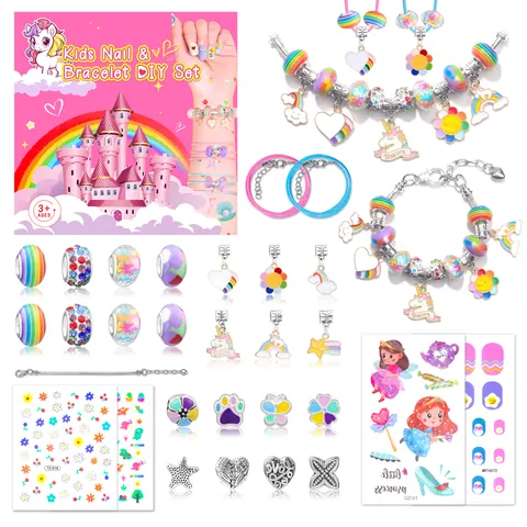 Kit de Fabrication de Bracelets DIY pour Enfants Avec Autocollants à Ongles Breloques Licorne Arc-en-Ciel Perles Colorées Ensemble de Bricolage Cadeau Anniversaire Fille