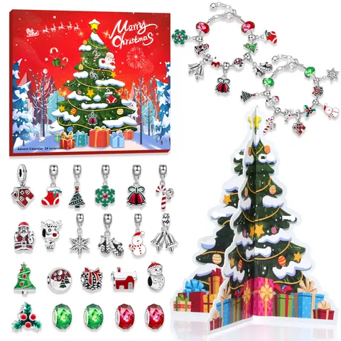 Christmas Advent Calendar DIY Bracelet Jewelry Set Zinc Alloy Charms 3D Paper Tree Stand Santa Reindeer Holiday Gift Box