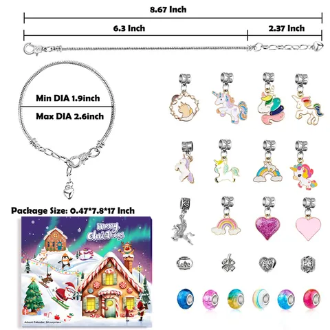 Calendrier de l'Avent de Noël DIY Kit de Fabrication de Bijoux Licorne Arc-en-Ciel Père Noël Breloques Émail Perles Bracelets Collier