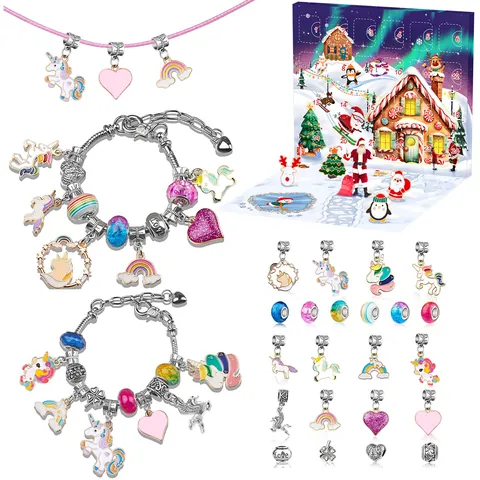 Calendrier de l'Avent de Noël DIY Kit de Fabrication de Bijoux Licorne Arc-en-Ciel Père Noël Breloques Émail Perles Bracelets Collier