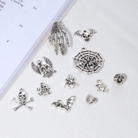 Antique Silver Alloy Halloween Charms Skull Bat Spider Pumpkin Witch For DIY Jewelry Making Necklaces Bracelets Accessory