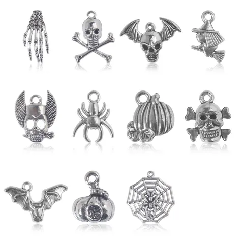 Antique Silver Alloy Halloween Charms Skull Bat Spider Pumpkin Witch For DIY Jewelry Making Necklaces Bracelets Accessory