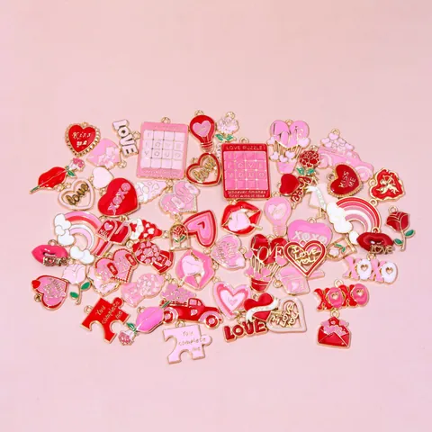 Dijes de Esmalte de Aleación del Día de San Valentín con Forma de Corazón Rosa Cupido Amor XOXO Colgantes para la Creación de Joyas de Bricolaje Collares Pulseras Accesorios